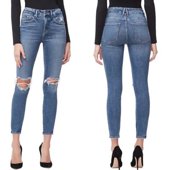 Good American Good Legs Crop High Rise Skinny Jeans Distressed Blue Size 4 / 27 - Picture 1 of 11